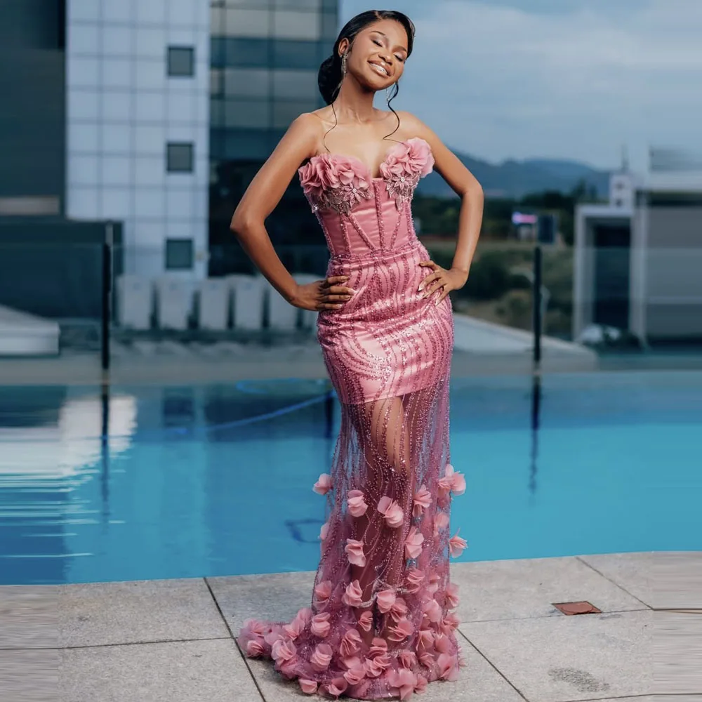 

Gorgeous Mermaid Prom Dresses With Handmade Flowers Sexy See Through African Women Evening Dress Aso Ebi Formal Party Gowns