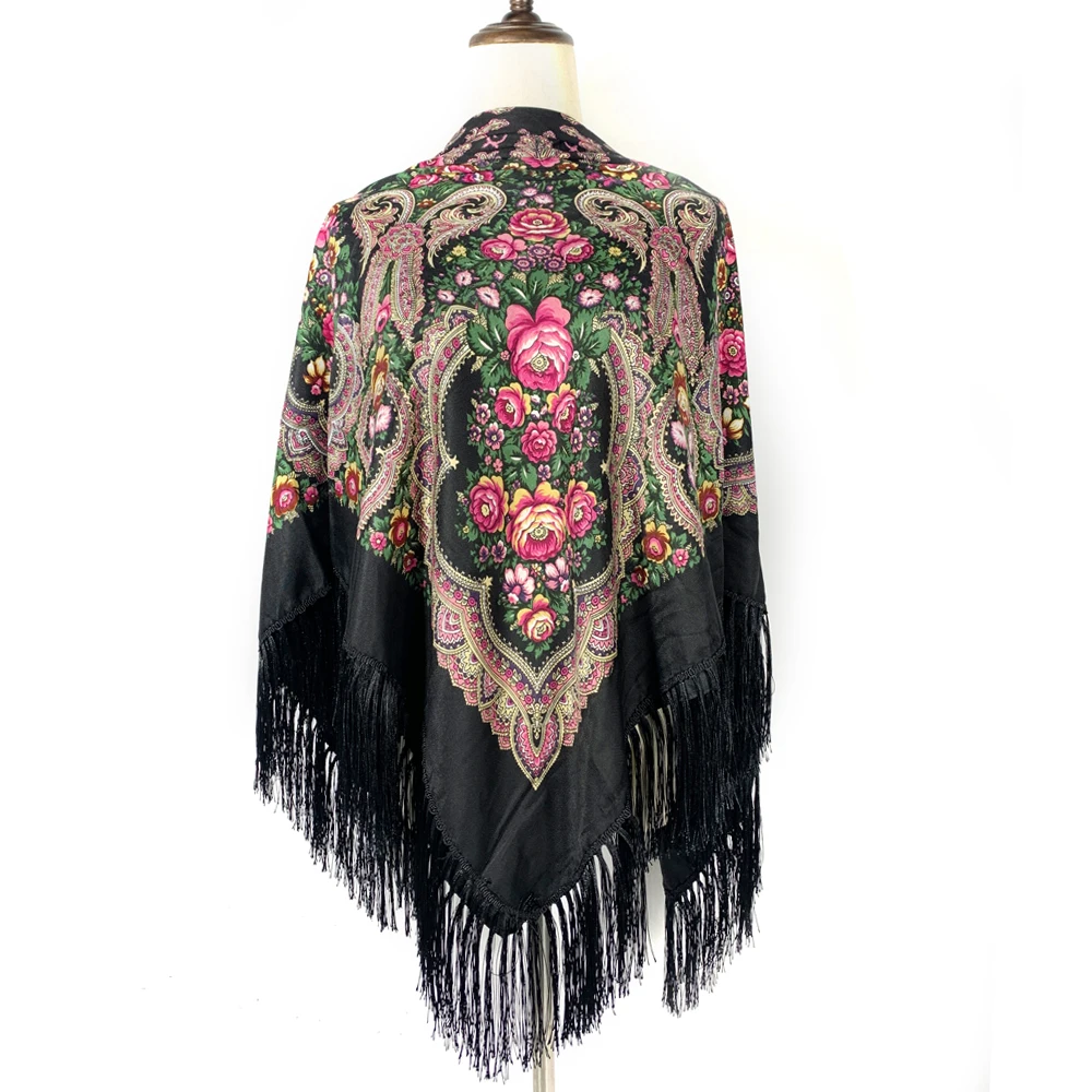 135*135cm Russian Floral Printed Square Scarf Women Ethnic Fringed Bandana Shawl Babushka Handkerchief Blanket Head Wraps