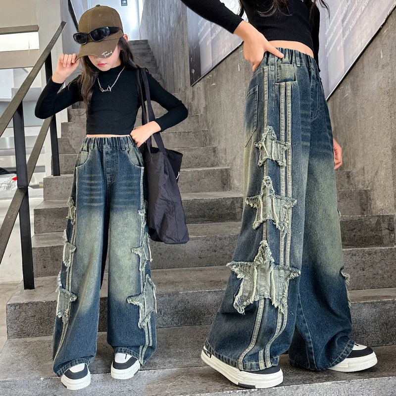 spring teen girl jeans junior kid tie-dyed star wide leg pants jean fille child casual trousers 14 Youth clothes infantil menina