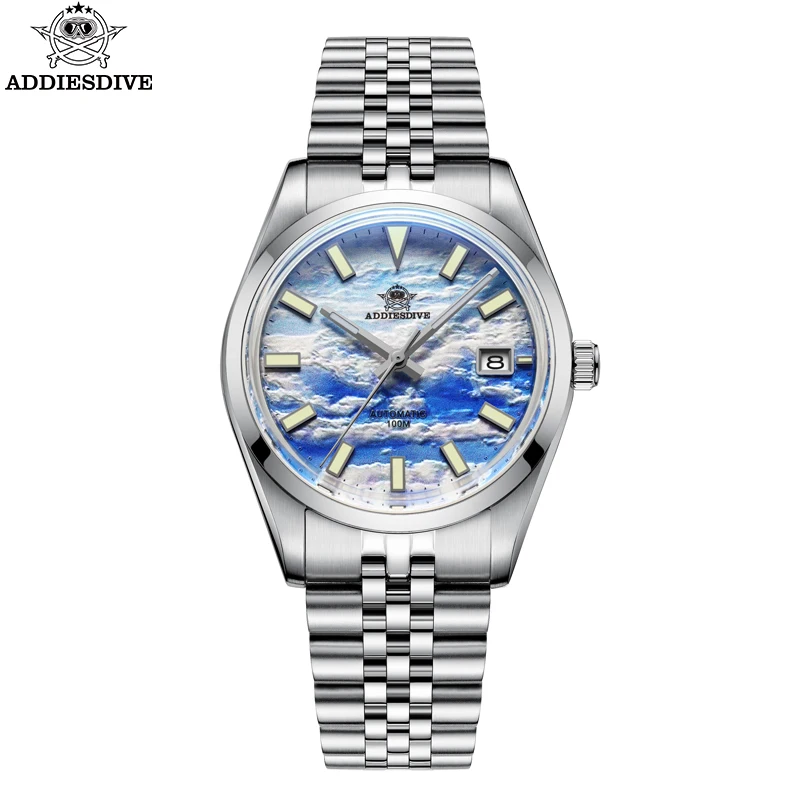 ADDIESDIVE Men‘s Watch Jubilee Strap reloj hombre Sea Of Clouds Dial BGW9 Luminous 100m Waterproof Automatic Mechanical Watches