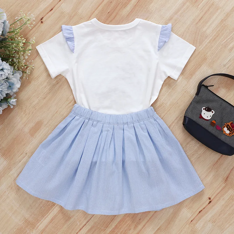 Japanese Summer  Girls\' Dress Sets Cartoon  Bear Rabbit Embroidery Short Sleeve T-shirt Short Skirt Set Baby Girl Clothes Ropa