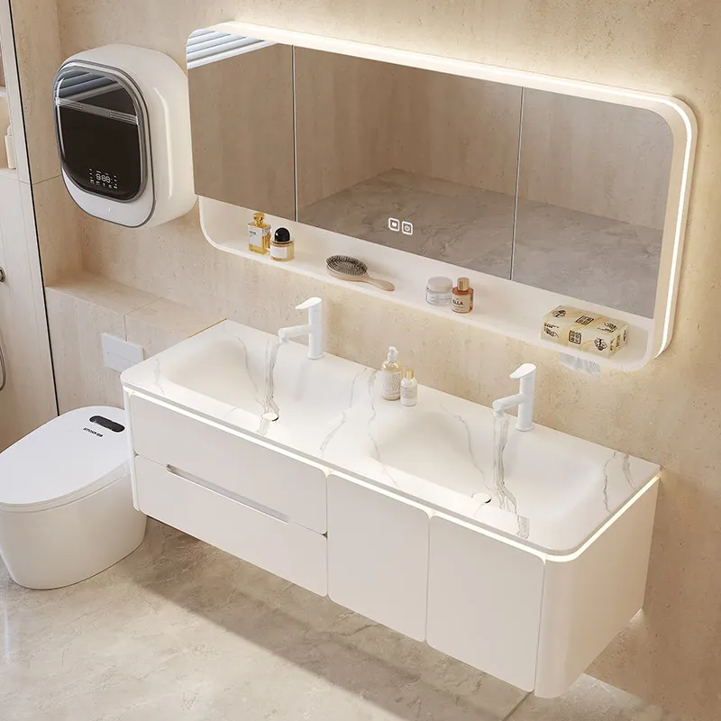 

Комбинированный шкаф для ванной комнаты из сланца с термоформовкой, тумба под раковину из дуба, умывальник