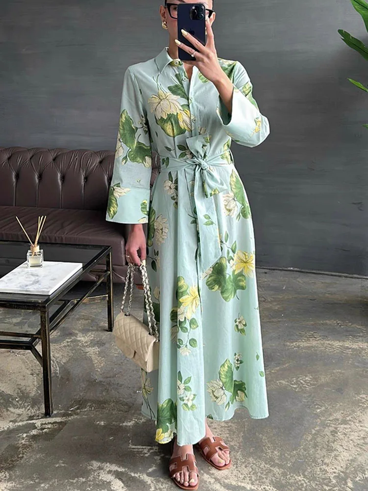 Abito bohémien autunnale a maniche lunghe allacciato Abito lungo casual con stampa floreale moda donna Abito camicia con bottoni colletto rovesciato primaverile