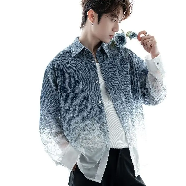 

Летняя защита от солнца, универсальная легкая рубашка с длинным рукавом, джинсовая мужская мода с градиентом, модный свободный топ