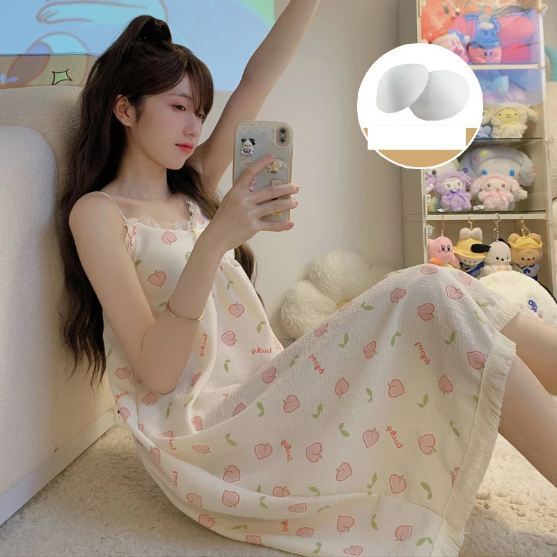 Summer Women's Sweet Bow Suspended Sleeping Dress With Chest Pads Fashion V-Neck Floral Casual Loose Thin Ladies Home Pajamas