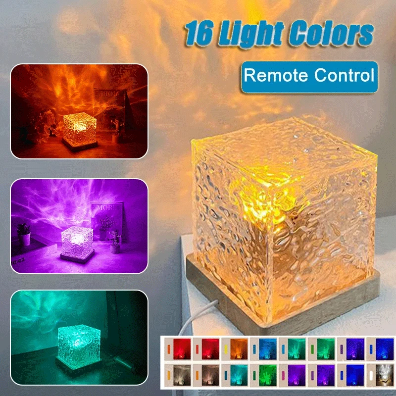 

16 Colors LED Water Ripple Ambient Night Light USB Rotating Projection Crystal Table Lamp RGB Dimmable Home Decoration