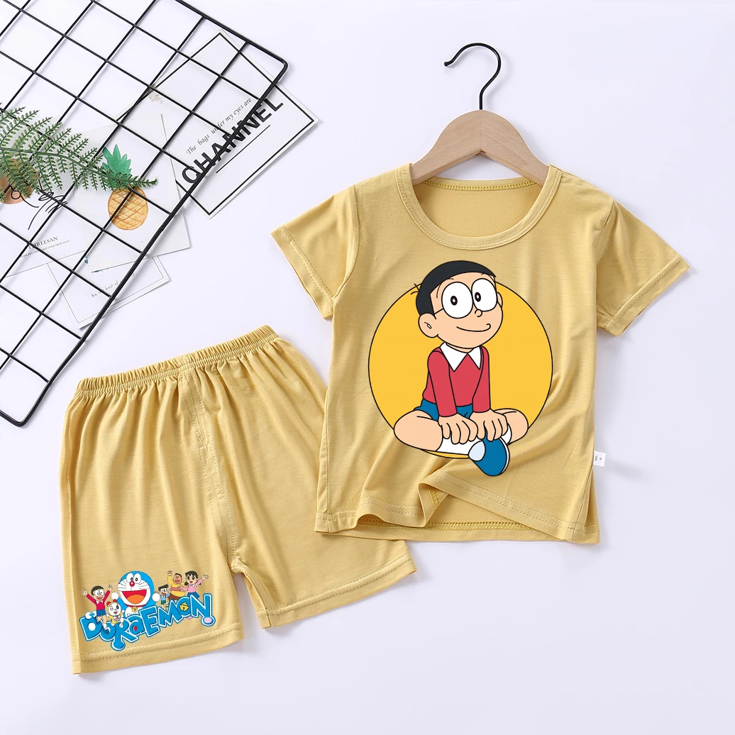 Doraemons Children Pajamas Set Boy Girl Short-sleeved Clothes Pants Suit Baby Summer Thin Nightgown Air Conditioning T Shirt