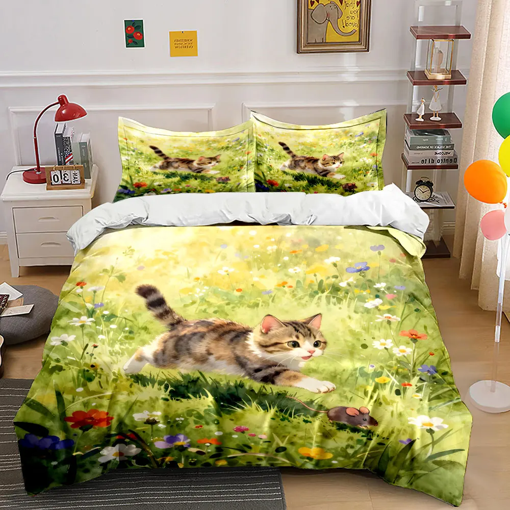 

Cat chasing mouse in meadow Pattern Duvet Cover Set Digital Print Colorful Polyester Bedding with Zipper Closur for kids gifts