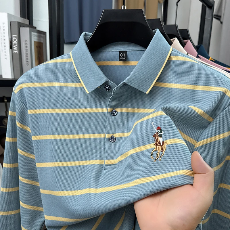 Striped Polo Shirt Men's Long Sleeved 2026 Spring and Autumn New Item Business Casual Dad Outfit Lapel Cotton T-shirt Thin Top