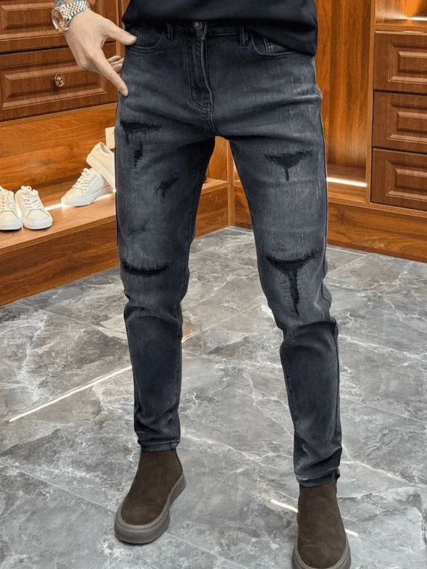 

Faionable Slim Fit Men's Jeans Distred Patchwork Autumn New Sle Korean Version Casual Pants mid Waist Zipper Closure
