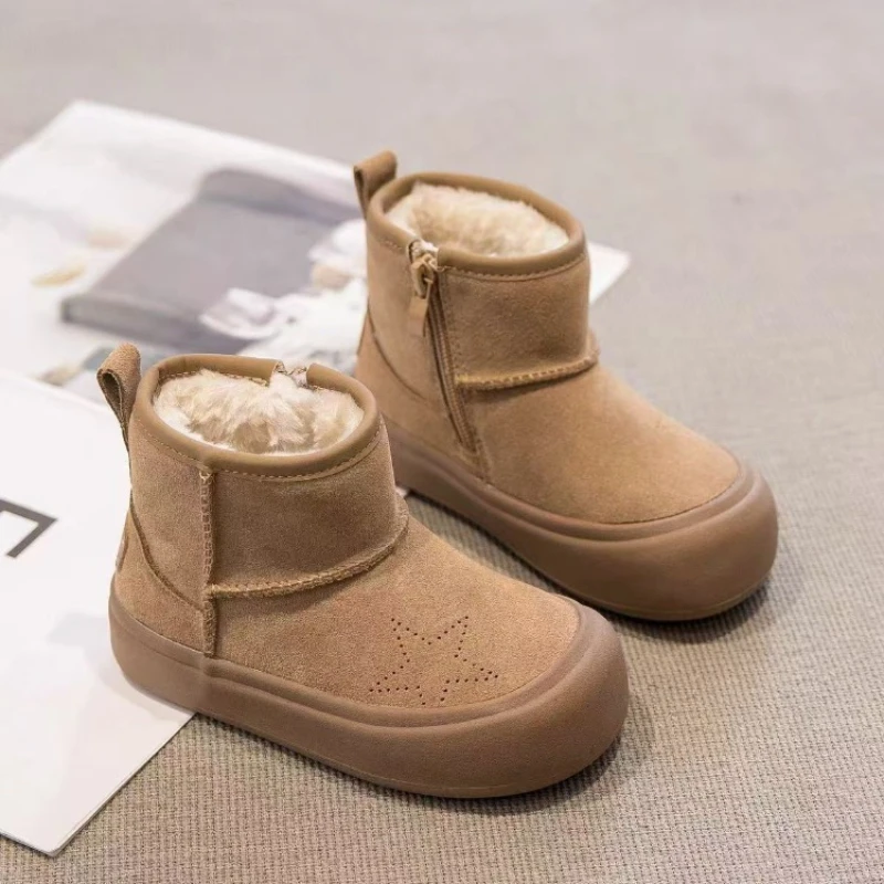 

Kids Winter Snow Boots 2026 New Anti Slip Thick Fleece Lined Plush Short Boots for Boys with Star Decoration Warm Outdoor Shoes