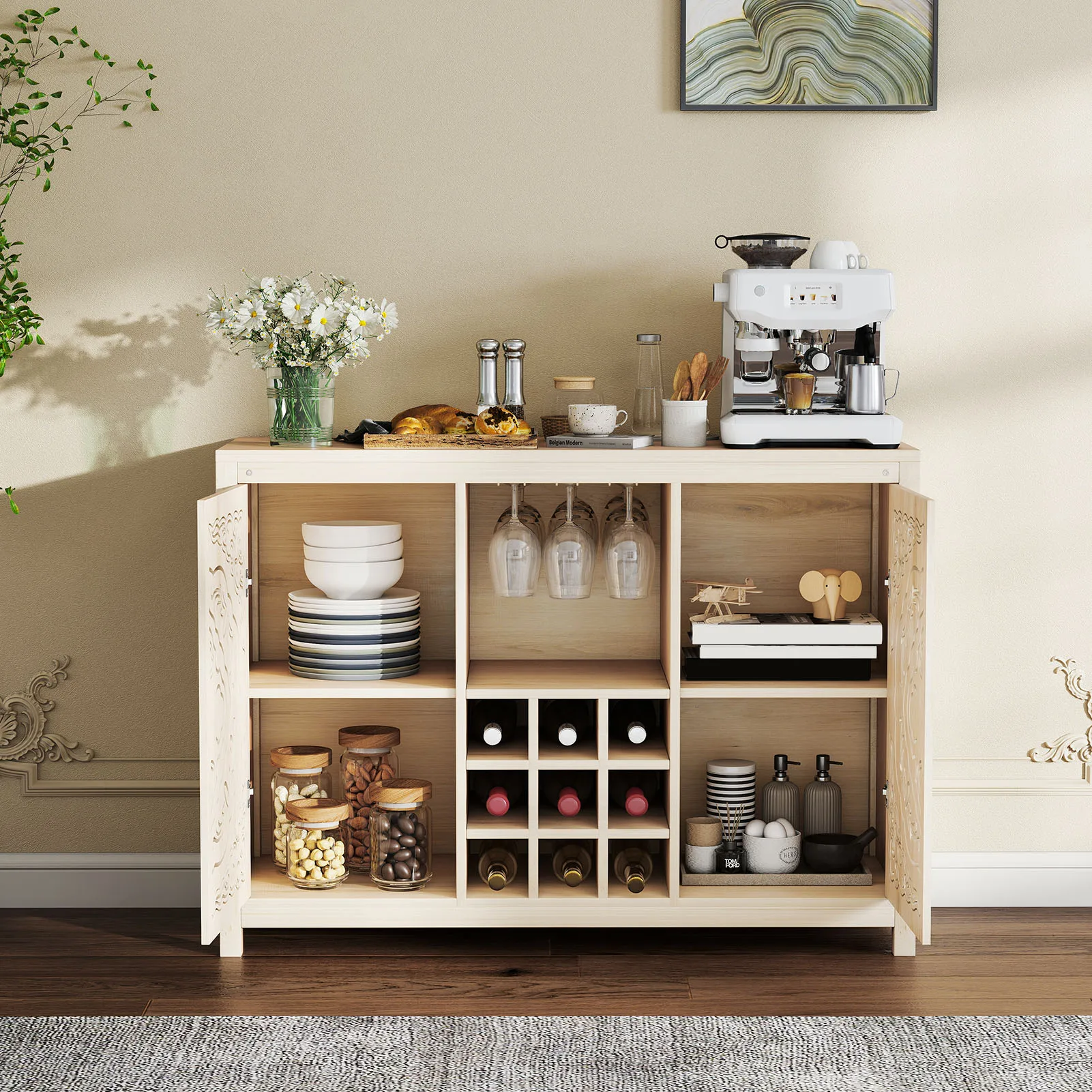 Armário de bar de vinho com 2 portas, buffet de mdf, armário de bebidas com rack de vinho e suporte de vidro para sala de jantar, cozinha