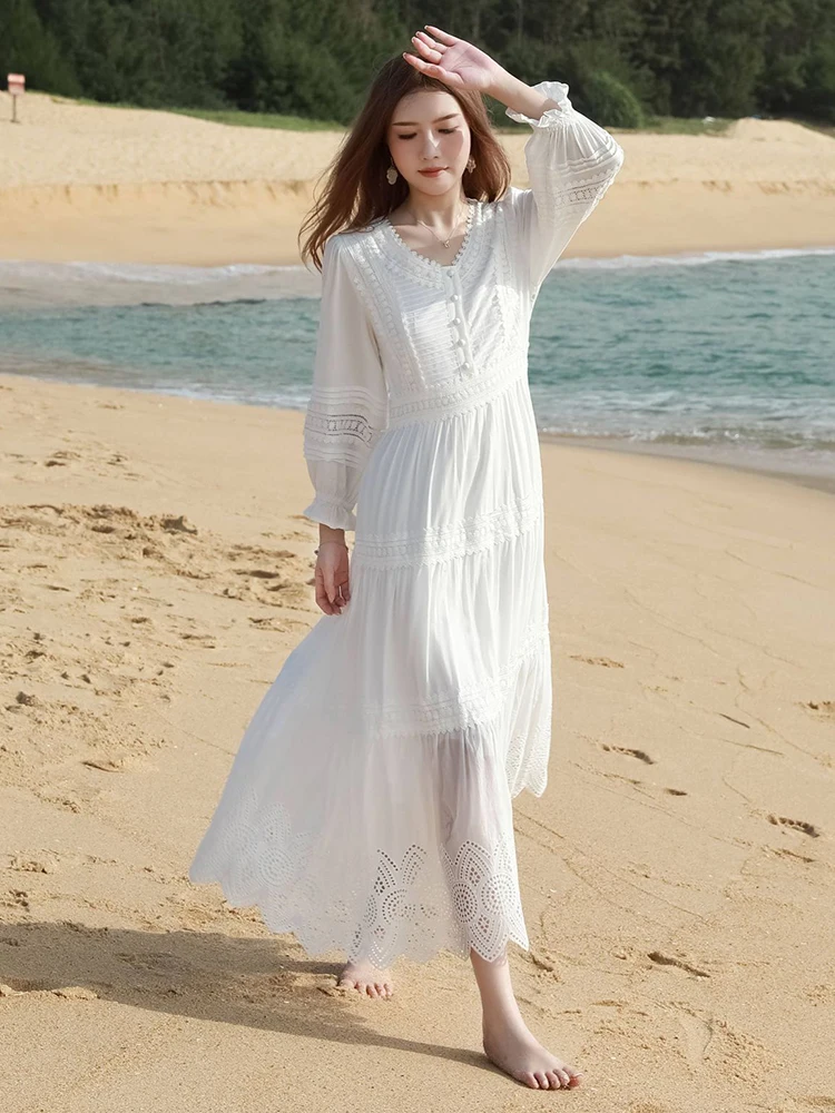 

Jastie 2023 Spring And Autumn White Dresses For Women French Splicing Lace Elegant Long Dress V-neck Long Sleeve Luxury Design