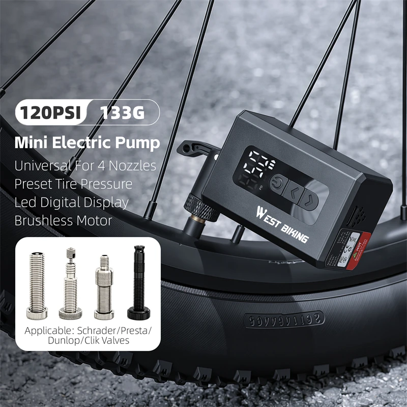 WEST BIKING Mini Electric Bike Pump 120 PSI Bicycle Fast Inflation with Preset Pressure for Presta Schrader Dunlop Clik Valves