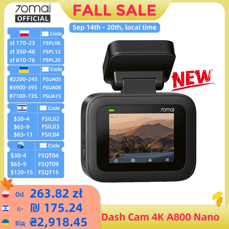 【New】70Mai Dash Cam 4K A800 Nano Front Camera F/1.55 Voice Control Supercapacitor 24H Parking Mode G-Sensor 70Mai A800 Nano