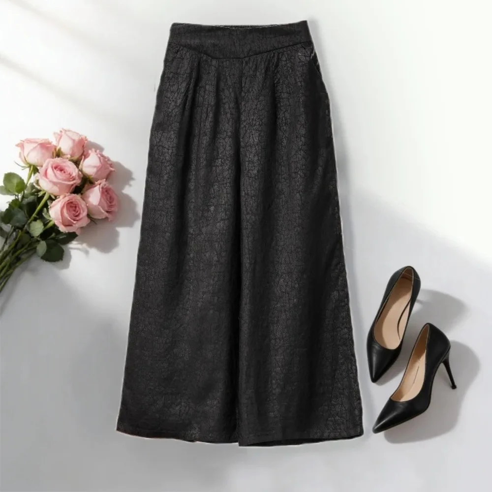 Pantalon en soie de mûrier 100% naturelle, fil nuage parfumé pour femmes, taille plate, fermeture éclair latérale, pantalon noir à jambes larges, nouvelle collection printemps 2026