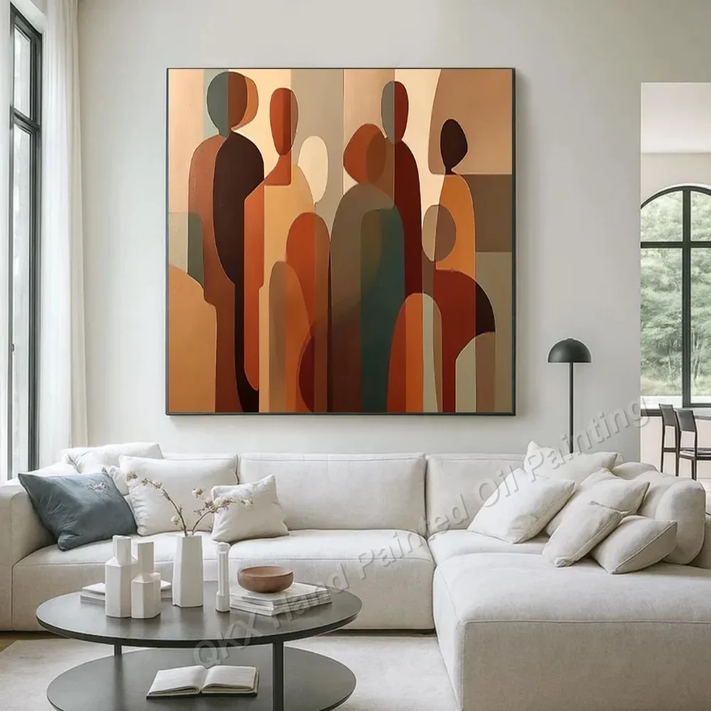 Hand-Painted Oil Painting on Canvas Wall Art Decor for Living Room, Minimalist Morandi Color Block Silhouette People Wall Art