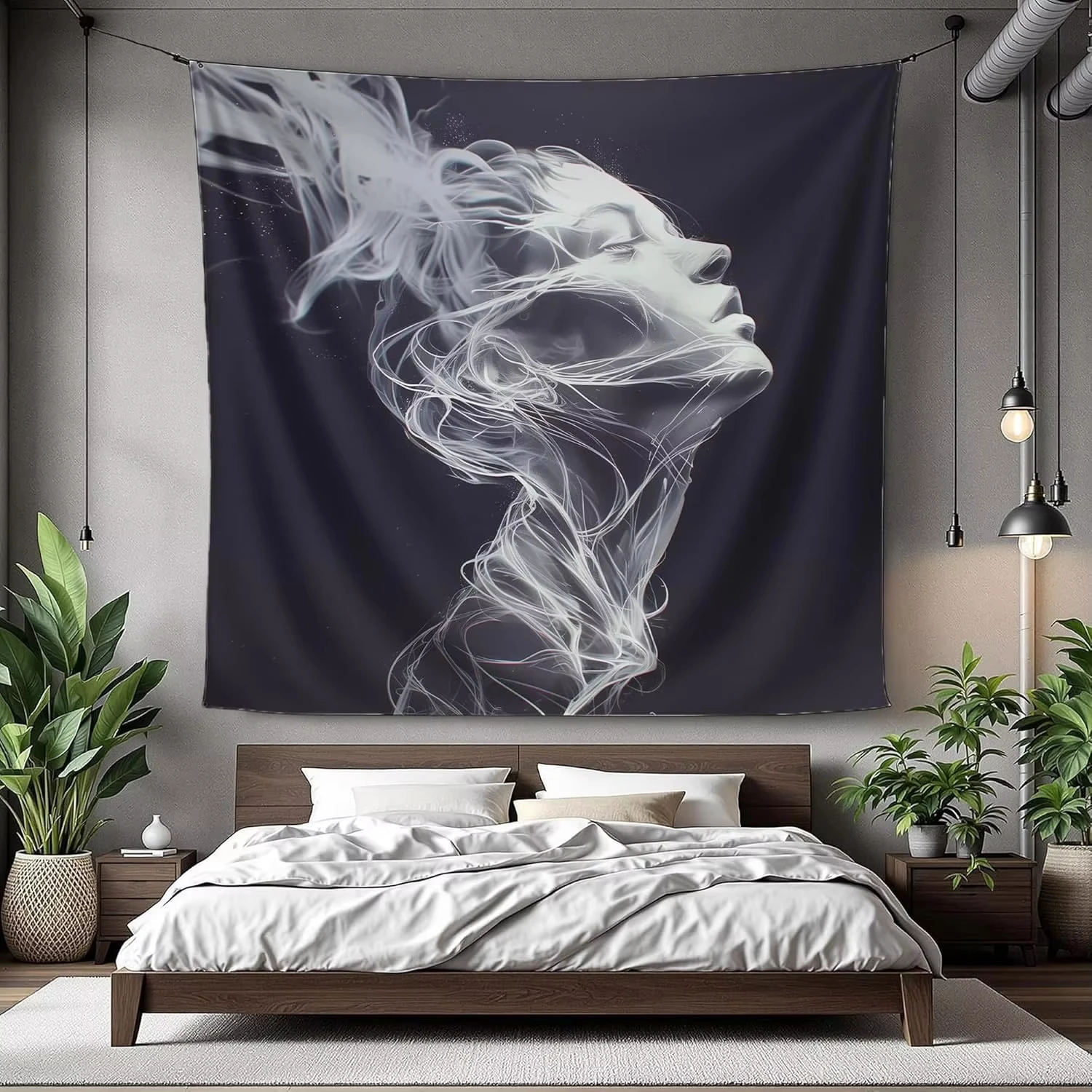 Abstract Smoke Face Tapestry, Modern Fluid Line Art Black White Silhouette Portrait for Living Room Wall Decor