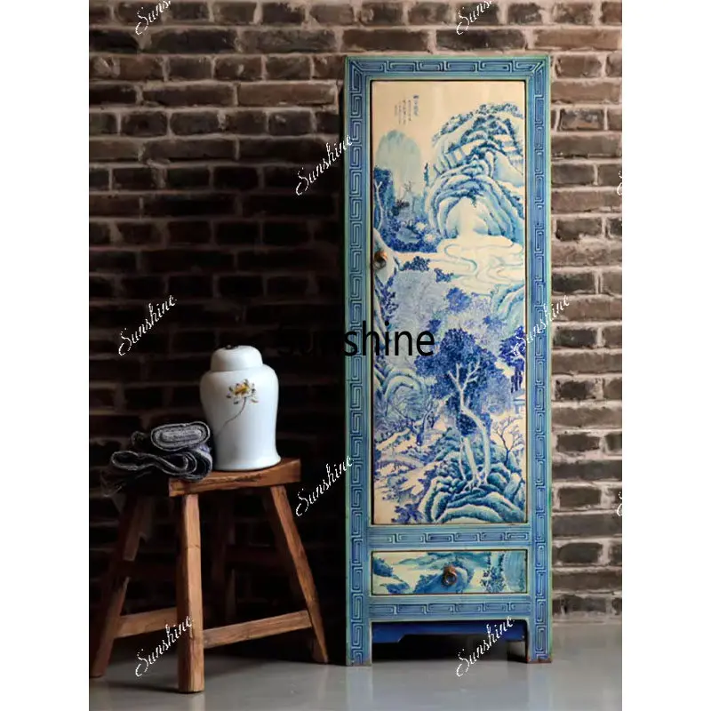 Hand painted new Chinese blue and white corner cabinet antique solid wood old multi-functional side cabinet