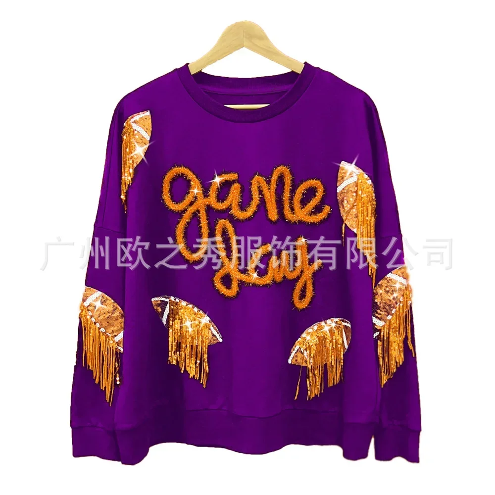 Women Sequin Tassel Full Sleeve Round Neck Tops Loose Fit Splice Solid Sweatshirts Casual Temperament Autumn Winter 2023