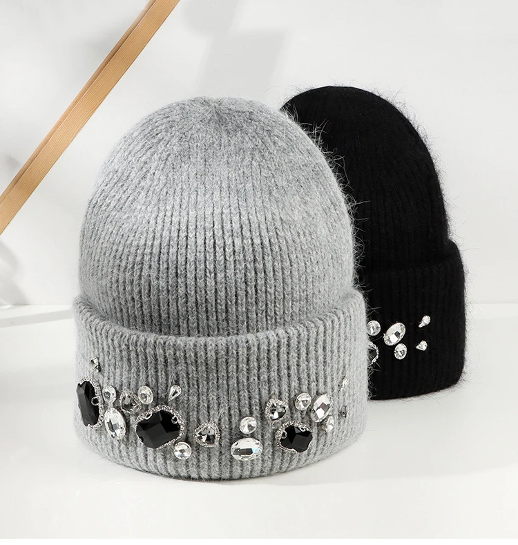 Luxury Beanie Hat for Women Winter Hat Knitted Rabbit Fur Skullies Hat Warm Bonnet Cap Female Hats for Girl