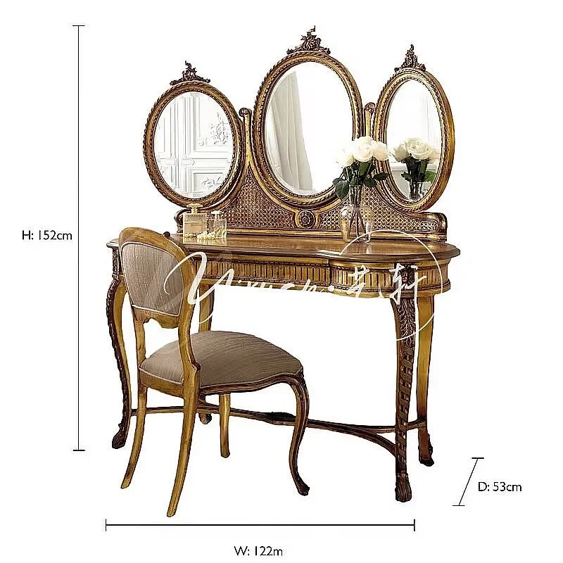 BJ French Vintage Solid Wood Dressing Table European Carved Rustic Rattan Mirror Luxury Princess Vanity Desk
