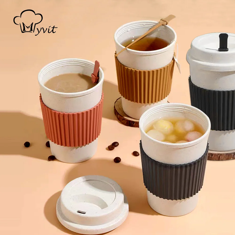 

450ML Coffee Cups With Lids Wheat Straw Reusable Portable Coffee Cup Dishwasher Safe Coffee Mug Coffee Tea Travel Cups