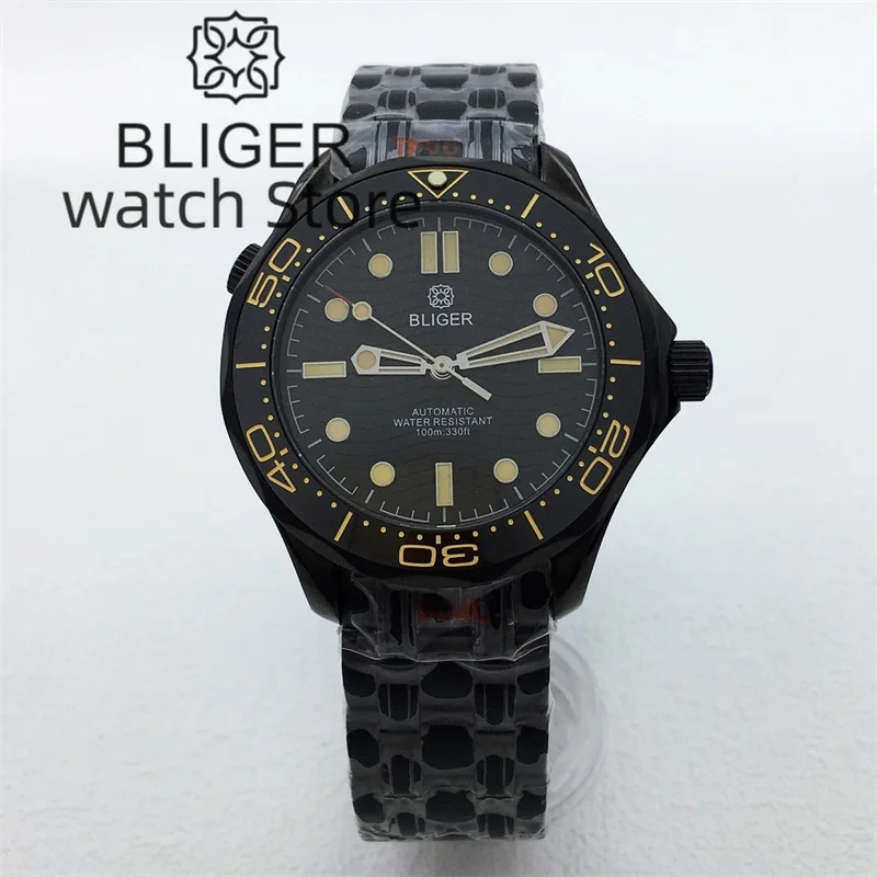 BLIGER 41mm NH35 Automatic Mechanical Men\'s Watch Black Dial Luminous Index Sapphire glass Spiral Crown Stainless Black Bracelet