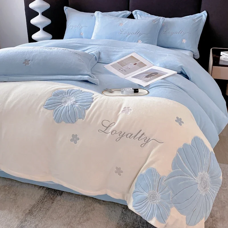 Autumn and Winter Thickened Warm Simple Embroidery Double-sided Milk Velvet  Flannel Coral Velvet  Bedding Set Sheets Pillowcase