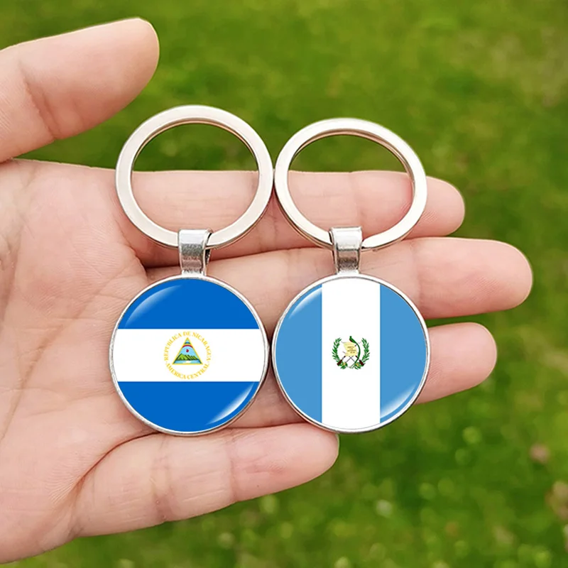 Nicaragua Guatemala Flags Key Chain Colombia El Salvador Peru Bolivia Scotland 2024 Flag Glass Gem Pendant Key Ring for Men Lady