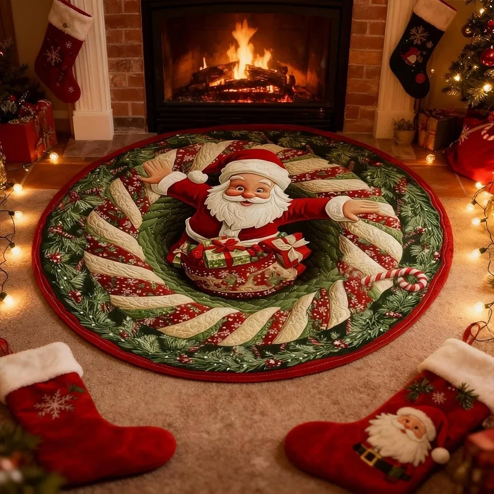 60*60cm Christmas Round Carpet Crystal Velvet 3D Special-shaped Santa Claus Floor Mat Atmosphere Decoration Red