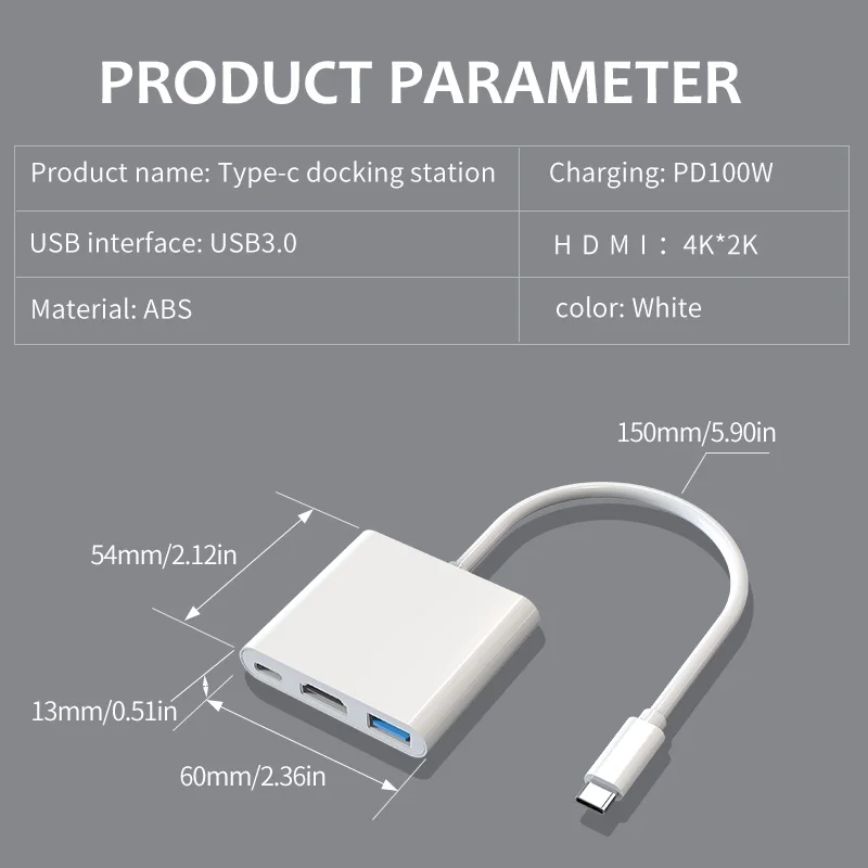 USB C to HDMI Multiport Adapter,3-in-1 Type-C Hub with Thunderbolt 3 to HDMI 4K Output/USB 3.0 Port/PD 100W Quick Charging Port