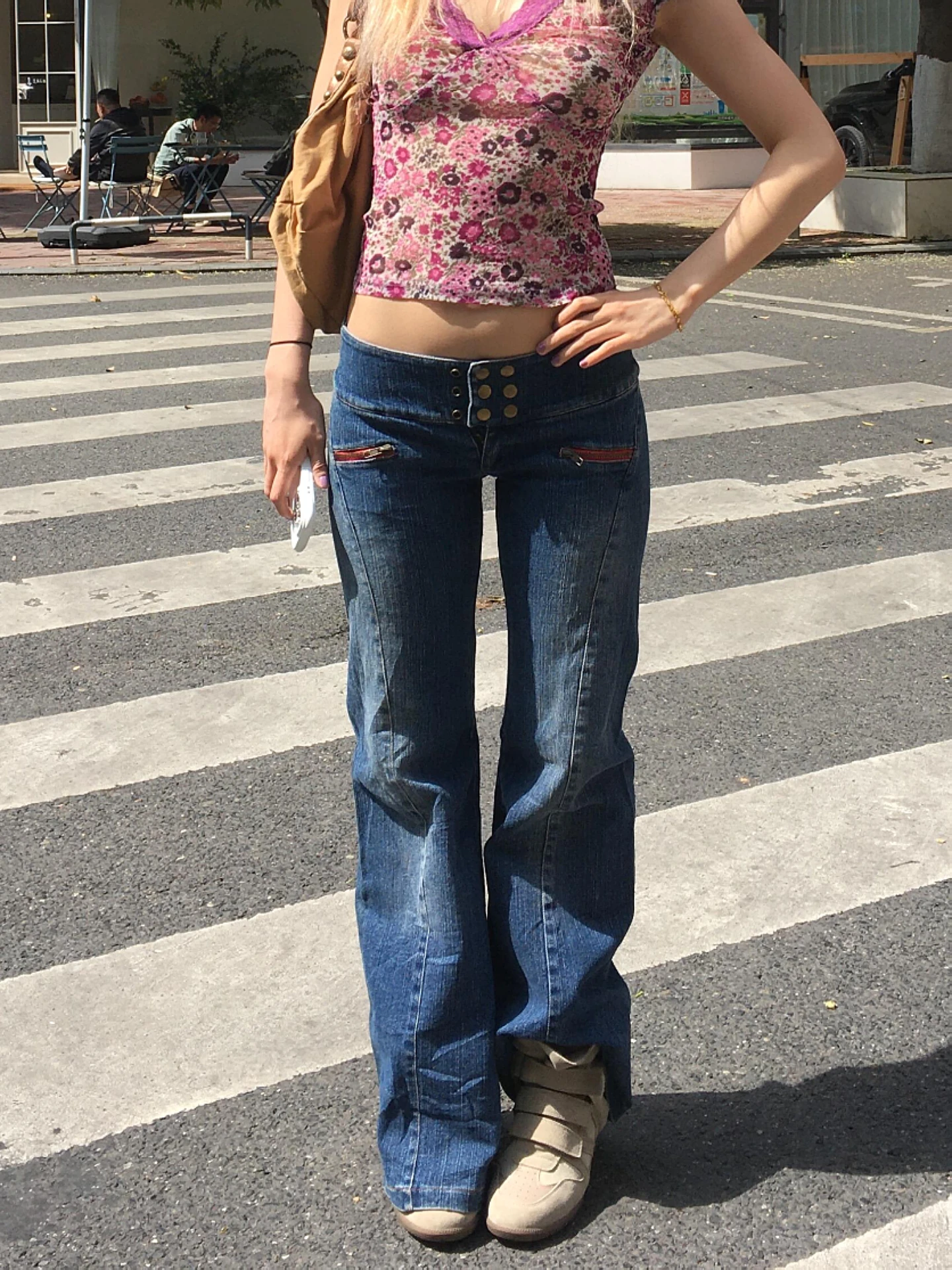 

Low Waist Slim Fit Bell Bottom Denim Jeans Women's Street Style Retro Washed Button Detail plus Size Long Pants