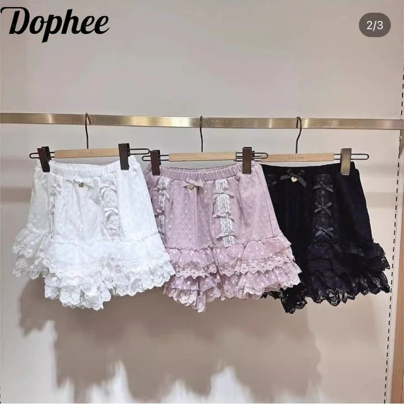 

Dophee Japan Style Cute Lolita Lace Shorts Elegant Elastic Waist Bottoming Pants Wide Leg Ruffles Bow Sweet Princess Shorts