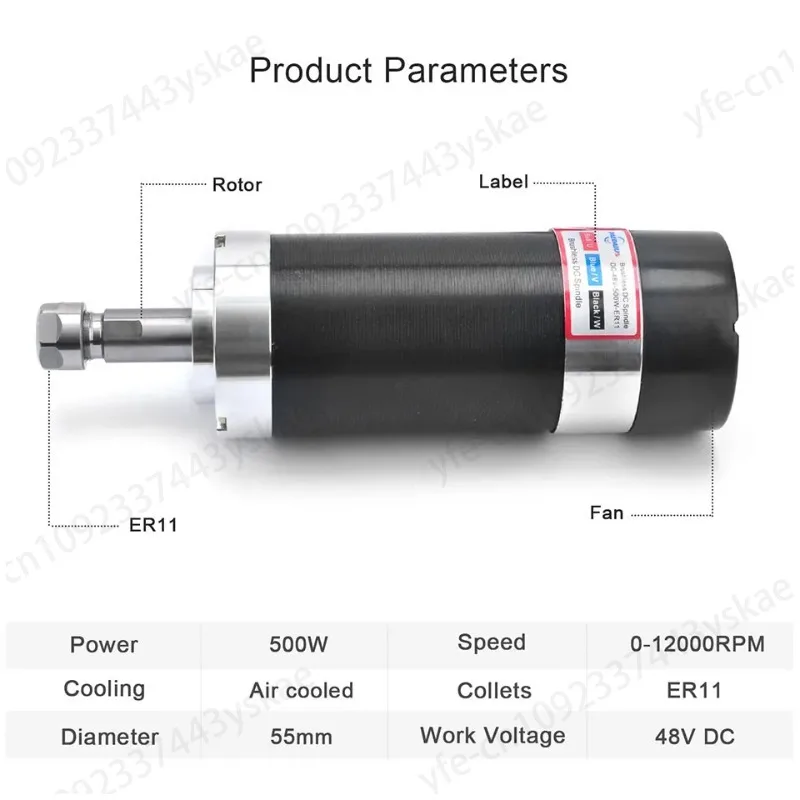 500w ER11 CNC Brushless Spindle Motor 48v DC Spindle Motor with WS55 220 BLDC Driver Spindle Clamp