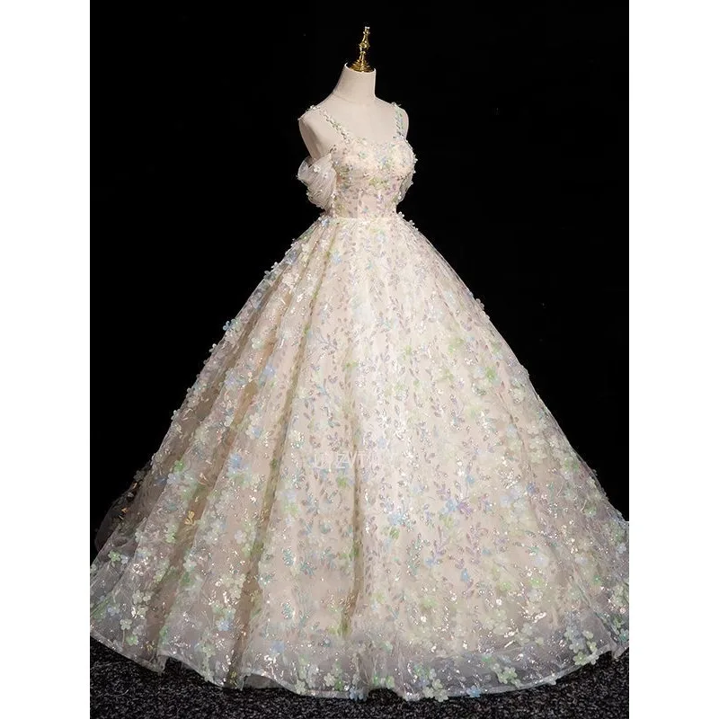 Vestido de noche champán ligero de lujo para mujer, apliques de flores con hombros descubiertos, largo hasta el suelo, corte en A, vestido de graduación, Vestidos para quinceañeras