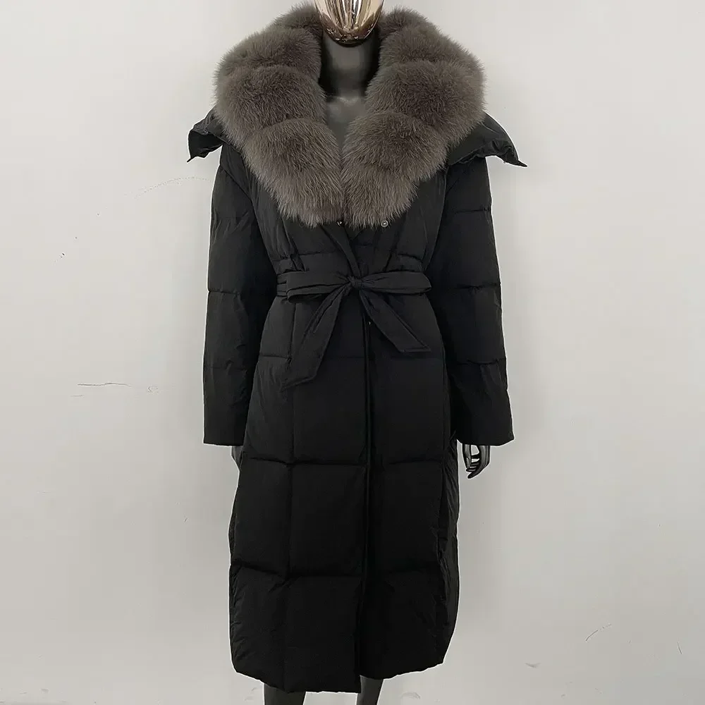 

Hooded Winter Real Fox Fur Collar White Duck Down Coat Belt Single-breasted Jacket Puffer Jacket Women Loose Reality Fur Coat
