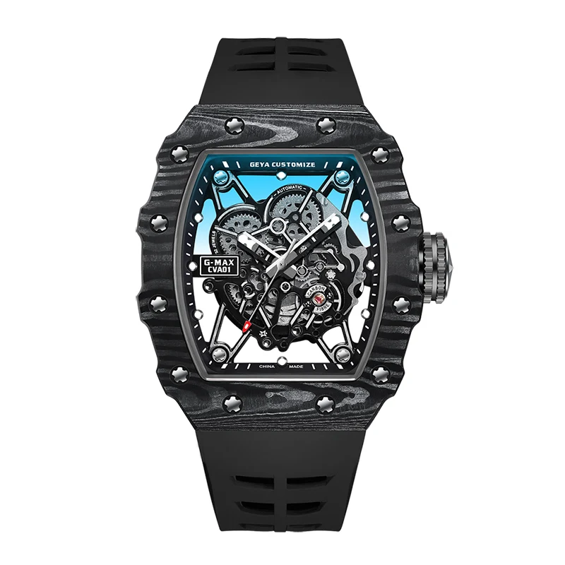 GEYA Automatic Men’s Mechanical Wristwatch, Hollowing Out Black Dial with Carbon Fiber Case Luminous Hands 78029