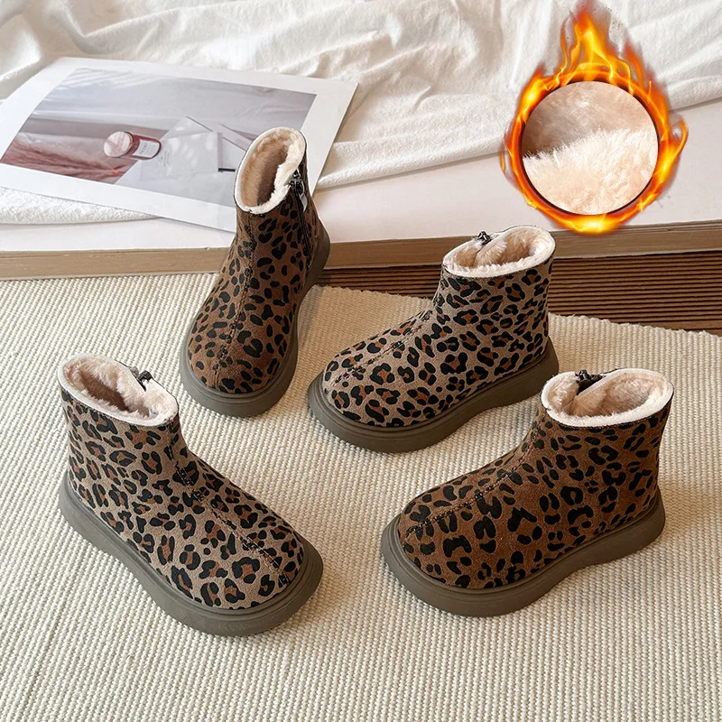 Casual Leopard Thick Plush Snow Boots Kids 2026 Winter Warm Fluffy Fur Ankle Boots Soft Non Slip Thick Bottom Shoes for Girls