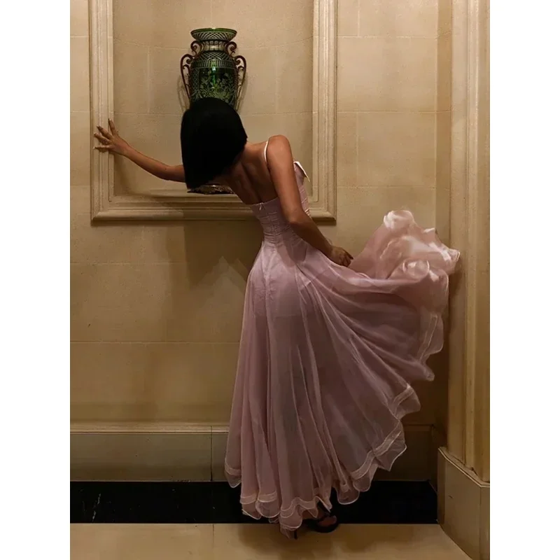 Elegant Pleated Sling Maxi Dress Women Color Blocking Sleeveless Waist-Closed Ruffle Large Hem Evening Party Chic Lady Robe 2026