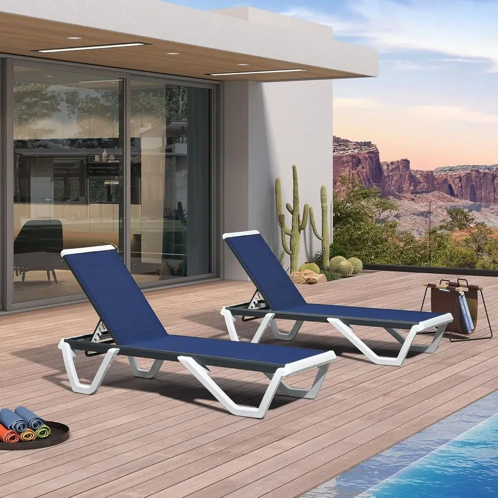 طقم صالة تشيس خارجي من البلاستيك باللون الأزرق الداكن مكون من قطعتين للاسترخاء على جانب حمام السباحة ودباغة الفناء #3