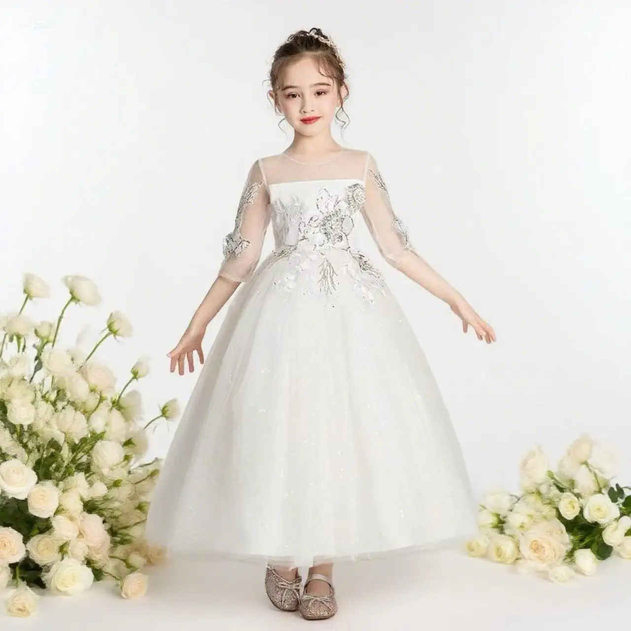 

Модные платья с цветочной вышивкой и блестками для девочек, элегантное свадебное платье на день рождения, фортепиано, кружевные вечерние платья с короткими рукавами для девочек