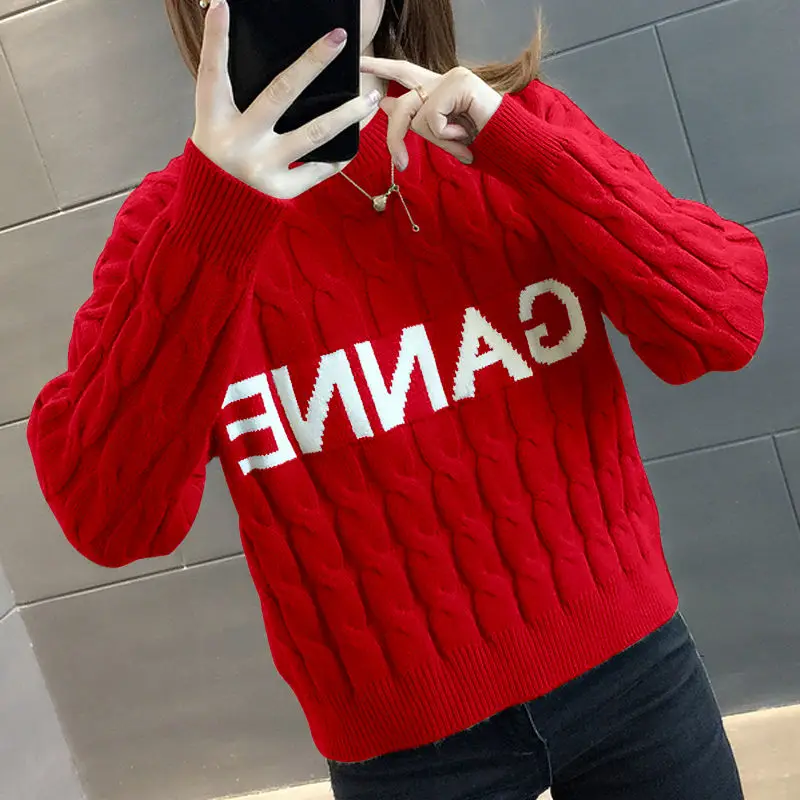 Fashion Loose All-match Knitted Letter Sweater Female Clothing 2023 Winter New Casual Pullovers Korean Tops