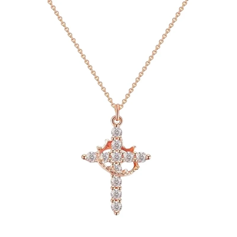 Exquisite Krone Kreuz Strass rotierende Halskette für Frauen Mode Kupfer Edelstahl Halskette Party Bankett Schmuck Geschenk – Detail 3