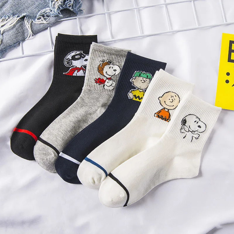 5 Pairs Adult Snoopy Socks Women and Men Spring Fall Cotton Socks Cartoon Cute Sport Mid Calf Socks Average Size 18-40 Years