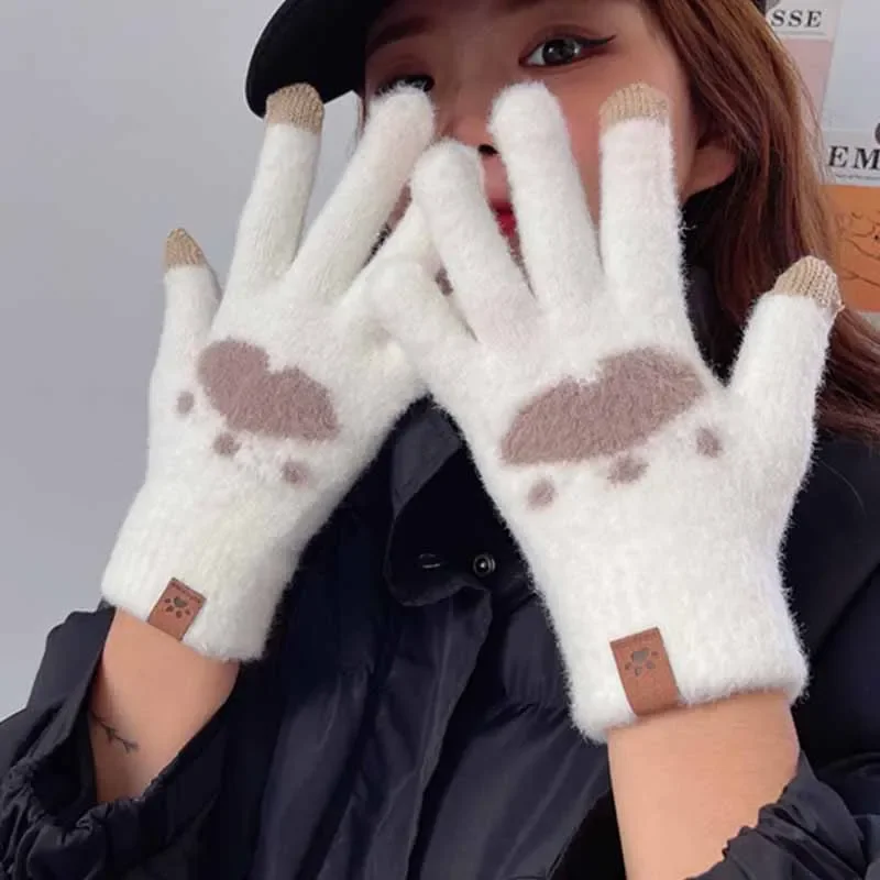 Cat Paw Women Touchscreen Gloves Winter Warm Outdoor Sport Cycling Hiking Full Finger Flip Cover Soft Fluffy Mitten Plush Glove