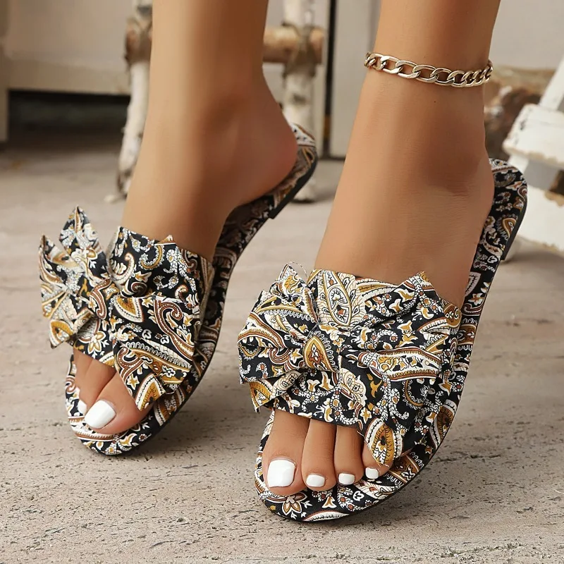 Plus Size Boho Bow Sandals Round Toe Open Toe Flat Casual Flip Flops Ethnic Style Soft Sole Printed Slippers