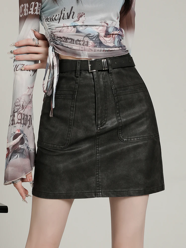 

Washed PU Skirts High Waist Women Korean Fashion Pocket Black Skirts with Belt Casual Mini Skirts Female 2025 New Saias Mujer