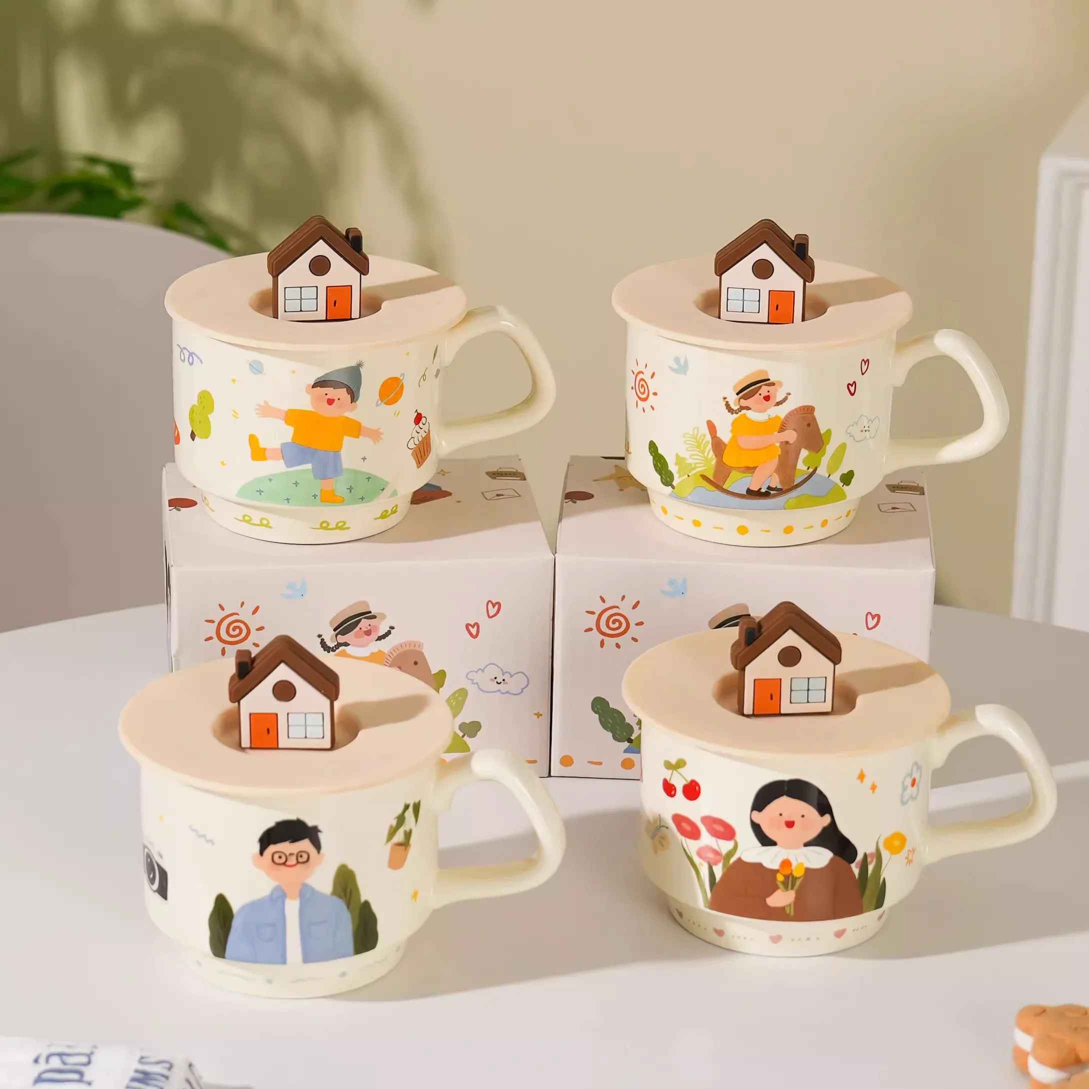 Gift Box Style Cartoon Character Ceramic Mugs New Household 320ml Handle Cups High Temperature Applique Craft High Aesthetic Cup