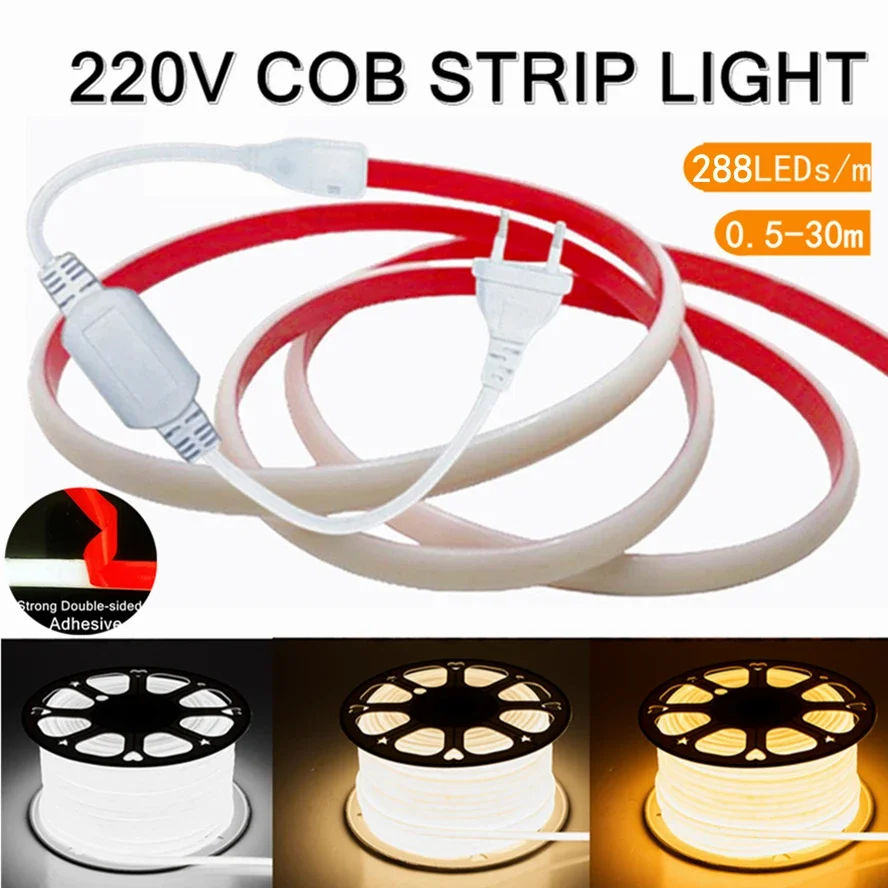 IP68 Waterproof COB LED Strip Lights 220V Adhesive Tape with EU Plug Flex Silicone Tube Lamp for Home Outdoor Garden Lighting